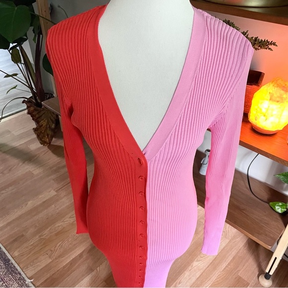 STAUD Shoko Colorblock Bodycon Sweater Dress in Lava & Peony - Picture 6 of 12